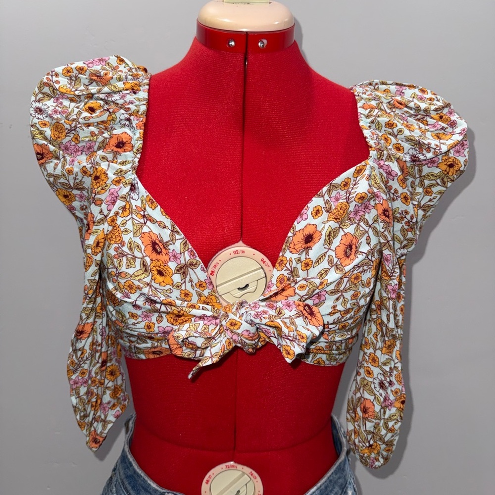Maaji Floral Puff Sleeve Crop Top - Orange and White